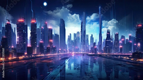 Futuristic  vibrant  neon-lit  urban landscape  cyberpunk aesthetics  technological  dystopian ambiance. Generated by AI.