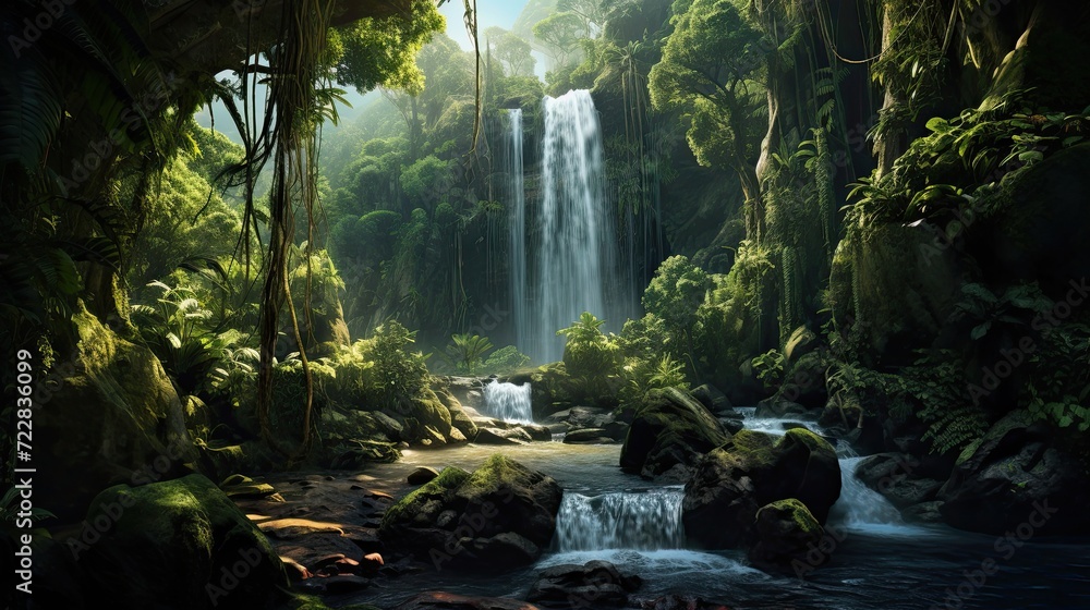 Lush rainforest filled with dense and vibrant vegetation. Flourishing biodiversity, verdant greenery, tropical wilderness, thriving ecosystem. Generated by AI.