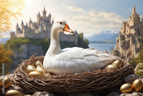 goose carries golden eggs on the background of a fairy-tale castle