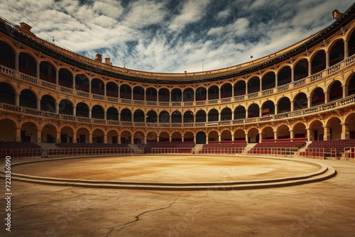 Empty round bullfight arena in Spain. Spanish bullring for traditional performance of bullfight, Generative AI  photo