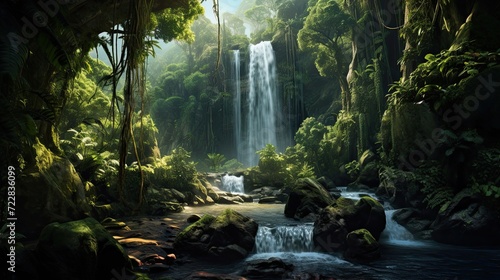 Lush rainforest filled with dense and vibrant vegetation. Flourishing biodiversity  verdant greenery  tropical wilderness  thriving ecosystem. Generated by AI.