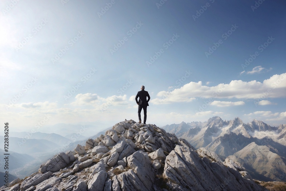 businessman on top of mountain, success and business adventure concept