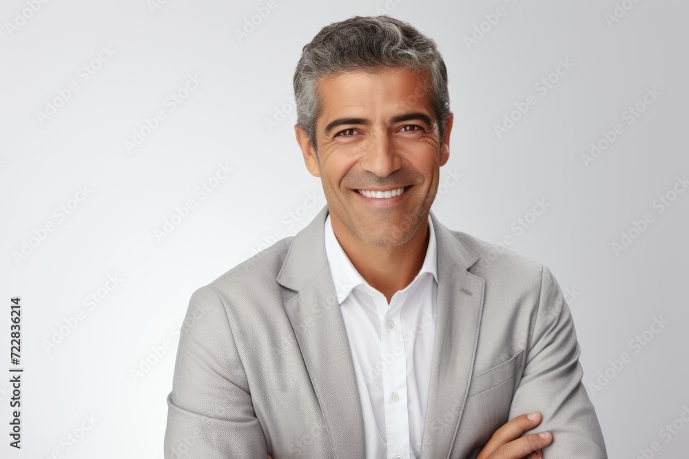 Portrait of happy mature businessman smiling at camera, standing against grey background Portrait of happy mature businessman smiling at camera, standing against grey background