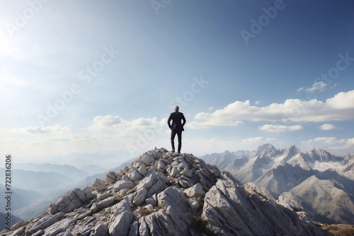 businessman on top of mountain, success and business adventure concept