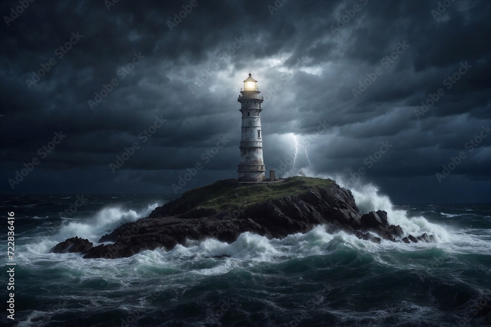 lighthouse on island at night, storm clouds with lightning, cinematic light, storm in the ocean, waves hit the shore