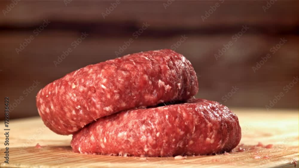 A fresh beef burger falls onto a cutting board. Filmed on a high-speed camera at 1000 fps. High quality FullHD footage A fresh beef burger falls onto a cutting board. Filmed on a high-speed camera at 1000 fps. High quality FullHD footage