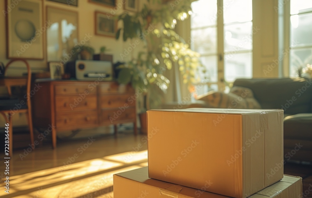 Various boxes arranged in a living room, moving day image Various boxes arranged in a living room, moving day image