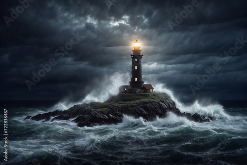 lighthouse on island at night, cinematic light, storm in the ocean, waves hit the shore