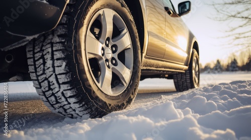 Winter tire covered in snow snowy road ice icy car wheel drive safety safe driving transportation condition change vehicle auto slippery danger frost protection climate dangerous offroad environment © ANStudio