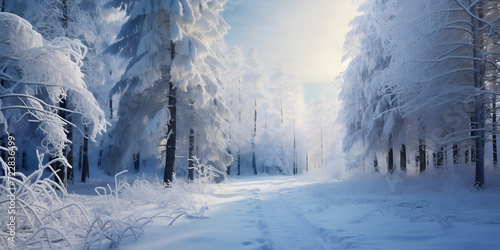 Frosty winter landscape in snowy road. Christmas background with fir trees © Resdika