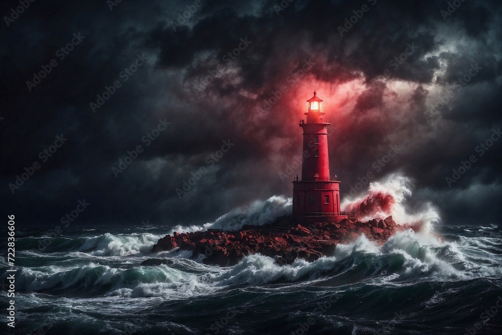 lighthouse on island of the sea at night, cinematic red light, storm in the sea