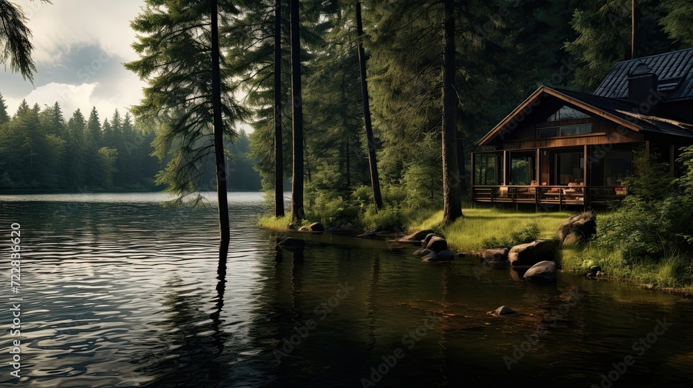Tranquil lakeside cabin nestled among towering pine trees. Serene waterside retreat, tranquil forest setting, secluded cabin. Generated by AI.