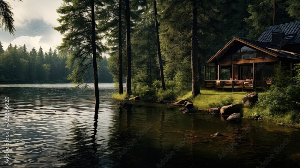 Tranquil lakeside cabin nestled among towering pine trees. Serene waterside retreat, tranquil forest setting, secluded cabin. Generated by AI. Tranquil lakeside cabin nestled among towering pine trees. Serene waterside retreat, tranquil forest setting, secluded cabin. Generated by AI.
