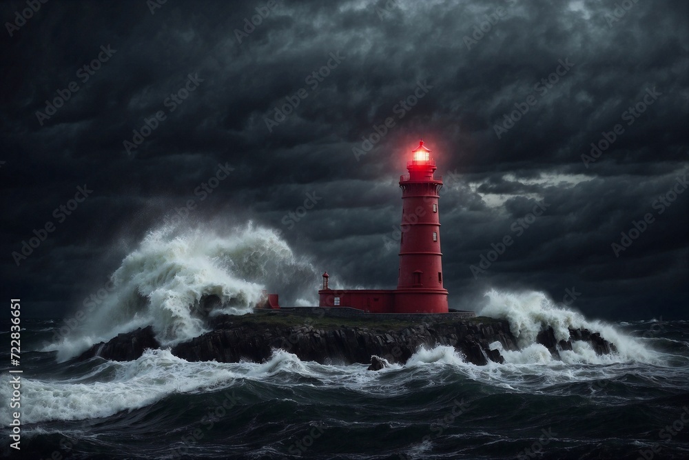 red lighthouse on island of the sea at night, storm in the sea