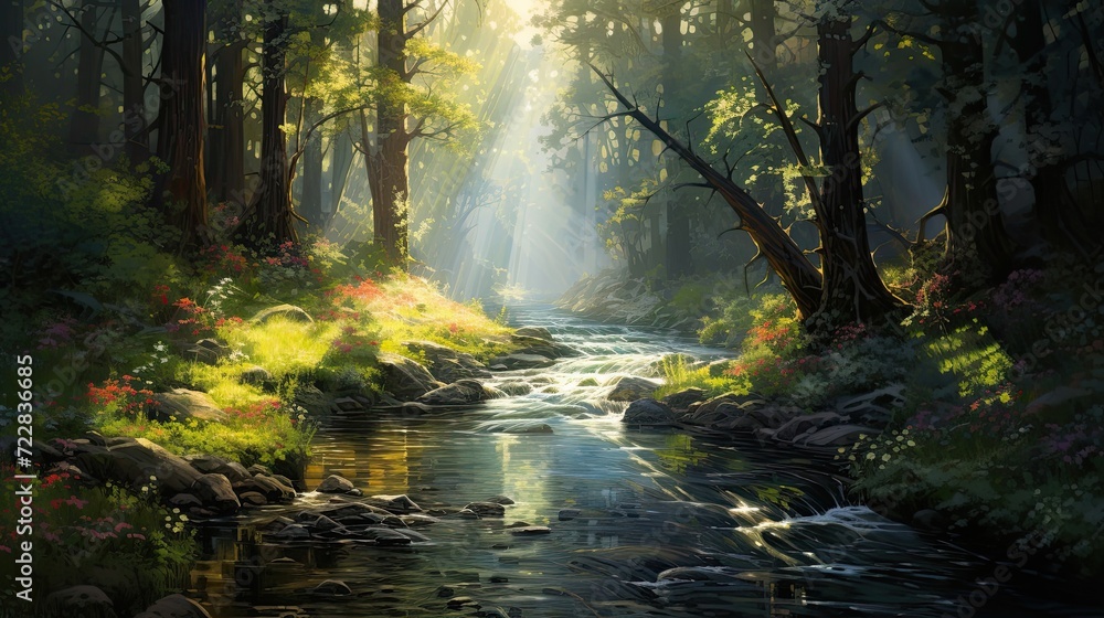 Peaceful river gently flowing through a sun-drenched, tranquil forest. Tranquil waterway, sunlit woodland, serene flow. Generated by AI. Peaceful river gently flowing through a sun-drenched, tranquil forest. Tranquil waterway, sunlit woodland, serene flow. Generated by AI.
