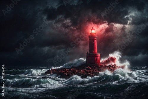 lighthouse on island of the sea at night, cinematic red light, storm in the sea