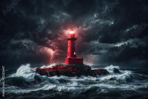 red lighthouse on island of the sea at night, red light, storm in the sea view