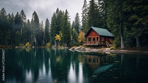 Quiet lakeside lodge surrounded by serene, tall pine trees. Calm waterside cabin, peaceful forest escape, secluded retreat. Generated by AI.