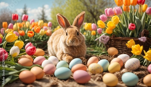 Happy Easter at home with colorful eggs, spring flowers and cozy rabbit © Artem