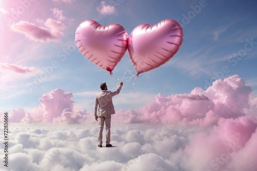 businessman holding pink heart shaped balloons, on clouds dream, return to childhood