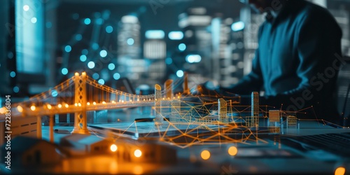 Business property, real estate, and investment, illuminated by the concept of artificial intelligence shaping the future. In this imagery, an investor is seen alongside a model Bridge.