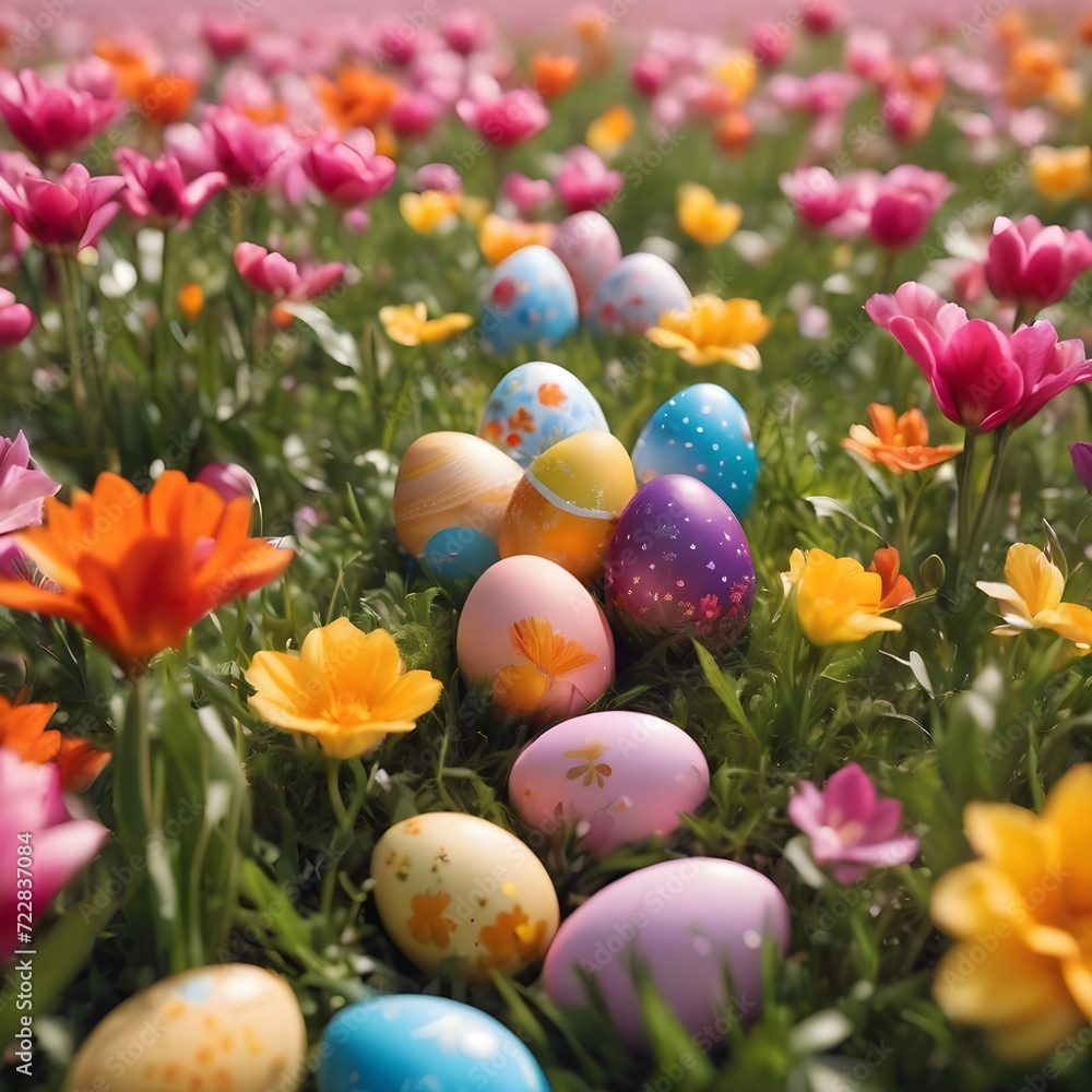 Easter Eggs in a flower field