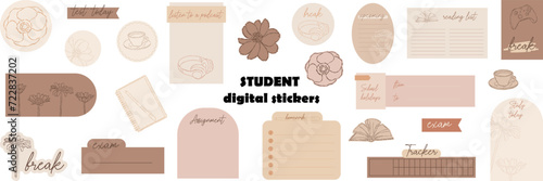 Student's digital stickers. Digital note papers and stickers for digital bullet journaling or planning. Elegant digital planner stickers. Minimal style. Vector art.
