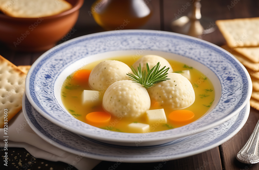 Matzo ball soup with carrot, potatoes and green in a bowl on the table, Jewish traditional, Passover food. Matzo ball soup with carrot, potatoes and green in a bowl on the table, Jewish traditional, Passover food.