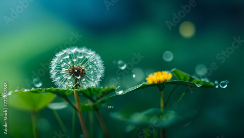  Beautiful shiny dew water drop on dandelion seed in nature macro. Soft selective focus  sparkling bokeh. Dark blue green background ai image