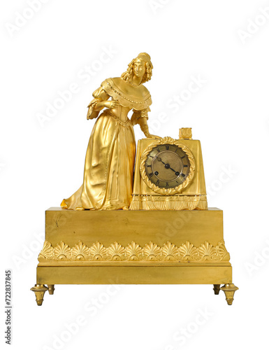 Vintage antique golden clock. Transparent PNG