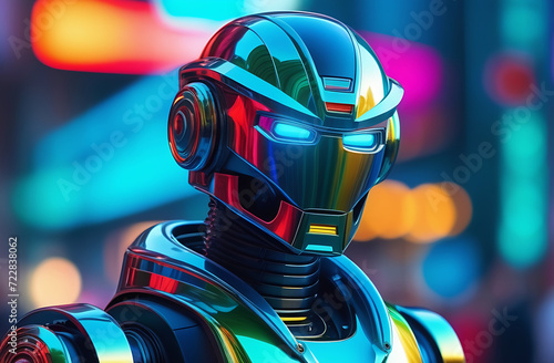 Futuristic cyber human robot, machine with glowing eyes