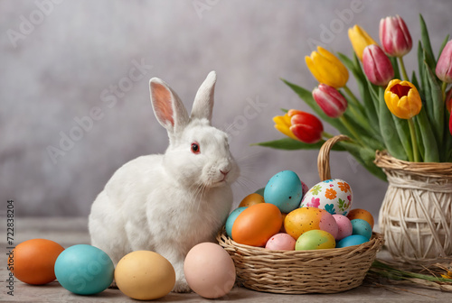 Happy Easter at home with colorful eggs  spring flowers and cozy rabbit