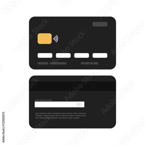 Atm credit and debit card with front and back sides. Black plastic bank card isolated on white background. Banking, finance, money and payment concept. Colored flat vector illustration