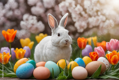Happy Easter at home with colorful eggs, spring flowers and cozy rabbit