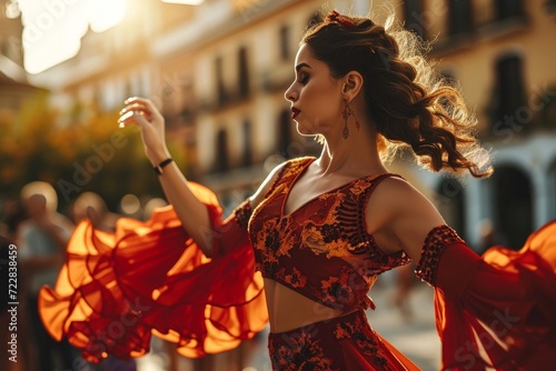 Beautiful female flamenco dancer in traditional dance dress. Young woman dancing flamenco on oldtown square. Flamenco is traditional Seville dance in, Generative AI  photo