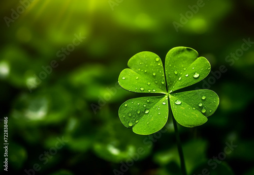 Green clover leaves with water drops closeup. Nature background. St.Patrick's day.