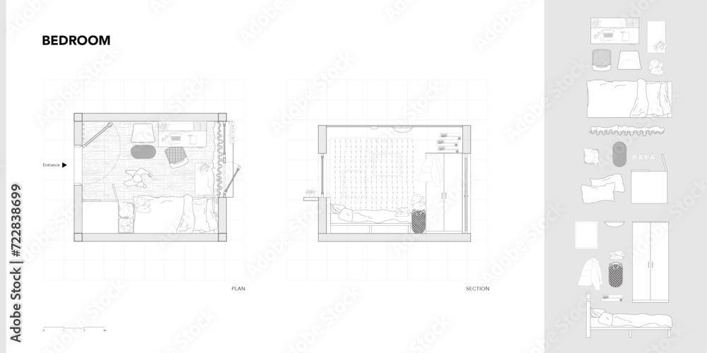 Architectural Drawings, bedroom plan vector interior illustration ...