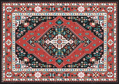 Persian carpet with geometric ornament. Red, black, beige and white colors. Vector illustration.