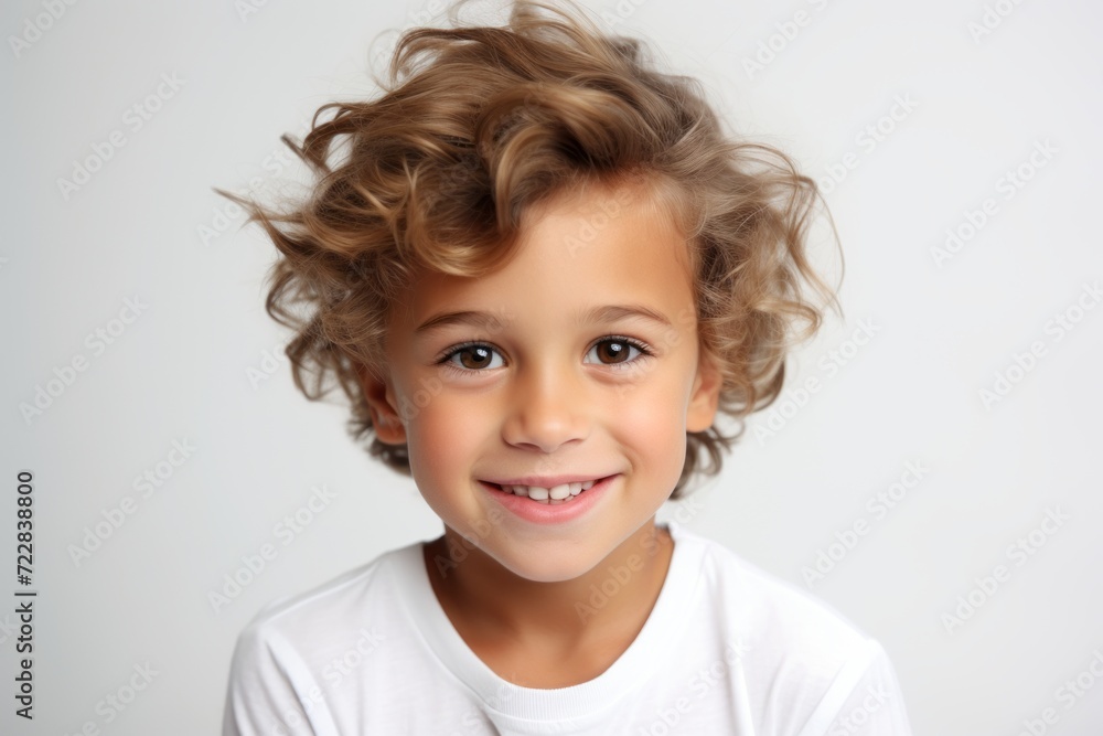Portrait of a cute little boy with blond curly hair over grey background Portrait of a cute little boy with blond curly hair over grey background