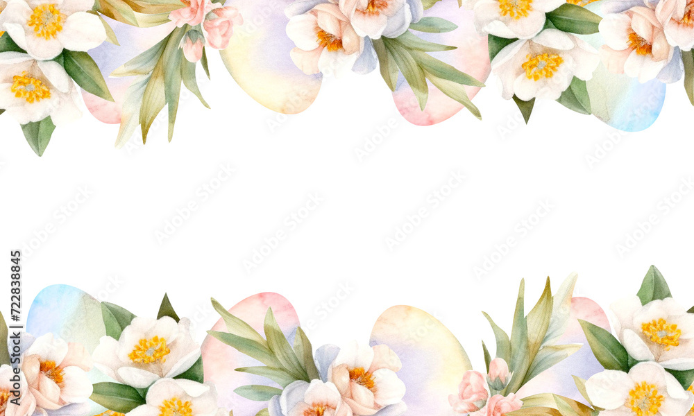 Frame with pink eggs, white flowers and green leaves in watercolor style. Easter background in watercolor style for photos.