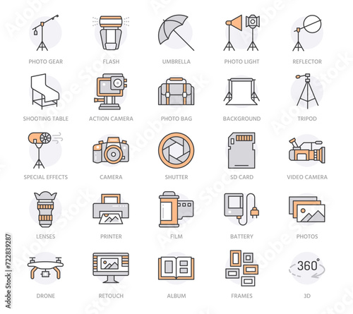Photography equipment flat line icons. Digital camera, photos, lighting, video cameras, photo accessories, memory card, tripod. Vector illustration, signs for photostudio or store. Orange Color