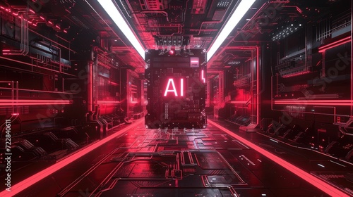 High Tech Lab with AI Chip and surrounded by various electronic devices, AI, Artificial Intelligence concept, futuristic and technological background