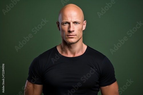 Portrait of a handsome bald man in a black t-shirt.