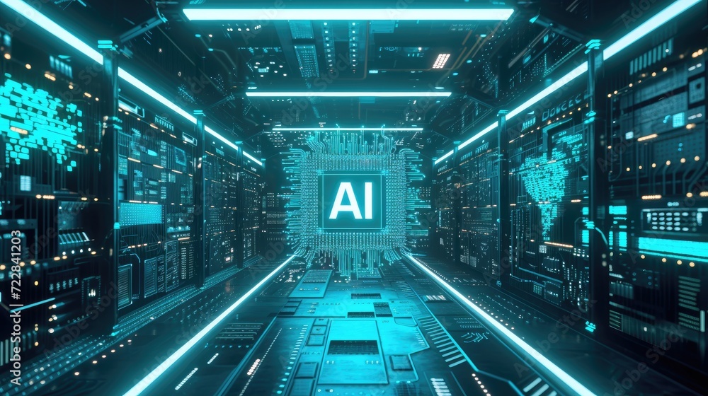 High Tech Lab with AI Chip and surrounded by various electronic devices, AI, Artificial Intelligence concept, futuristic and technological background