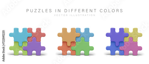 Composition with puzzles in different colors. Colorful model of connected puzzles