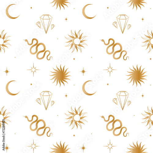 Seamless background with esoteric gold symbols. pattern with stars, snakes, crystal, sun, moon, diamond. Wrapping paper.