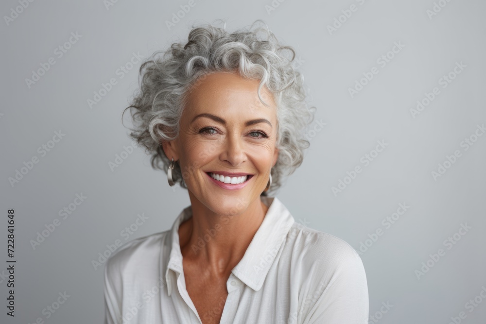 Cheerful mature woman looking at camera and smiling while standing against grey background Cheerful mature woman looking at camera and smiling while standing against grey background
