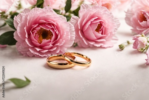 beautiful Pink flowers and two golden rings on white background Valentine ring ,anniversary ring , wedding ring