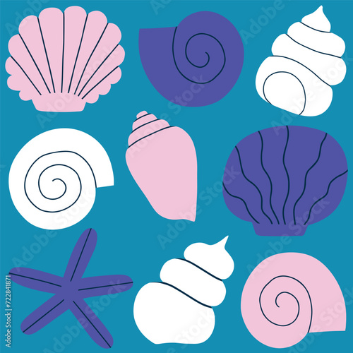 Cute and simple vector pattern with different Sea Shells in a row. Hand drawn seamless texture with exotic ocean shells. Beautiful marine background