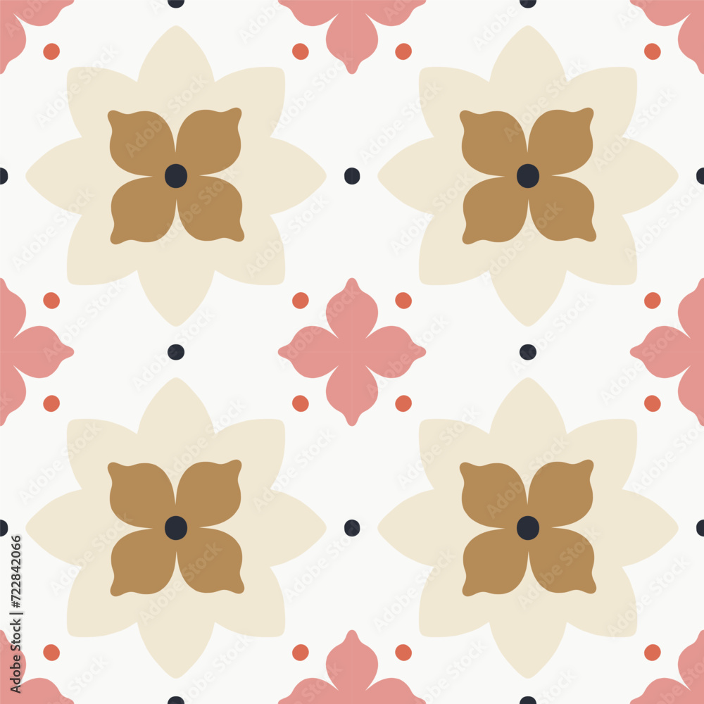 Elegant modern seamless pattern with geometric floral tiles. Vector abstract texture in traditional ceramic tile style. Symmetrical background with flowers and dots
